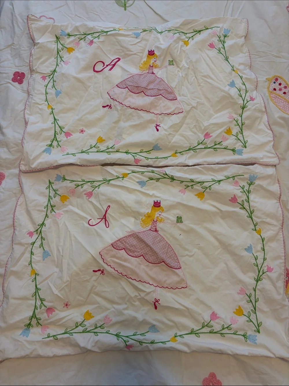 Pottery Barn Kids Full/Queen White Pink Embroidered Crewel Birds Flowers Duvet